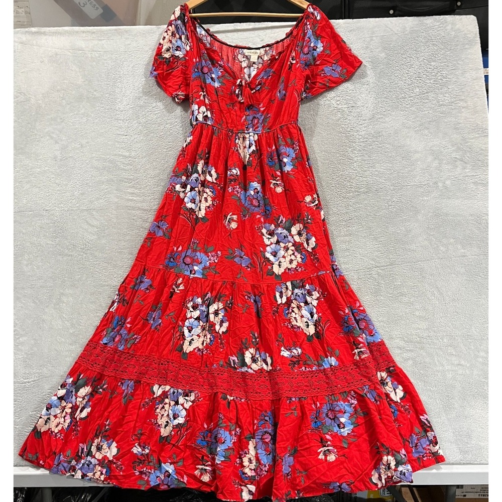 Band Of Gypsies Maxi Dress Medium Floral Red Button Tie Flutter Sleeve Boho